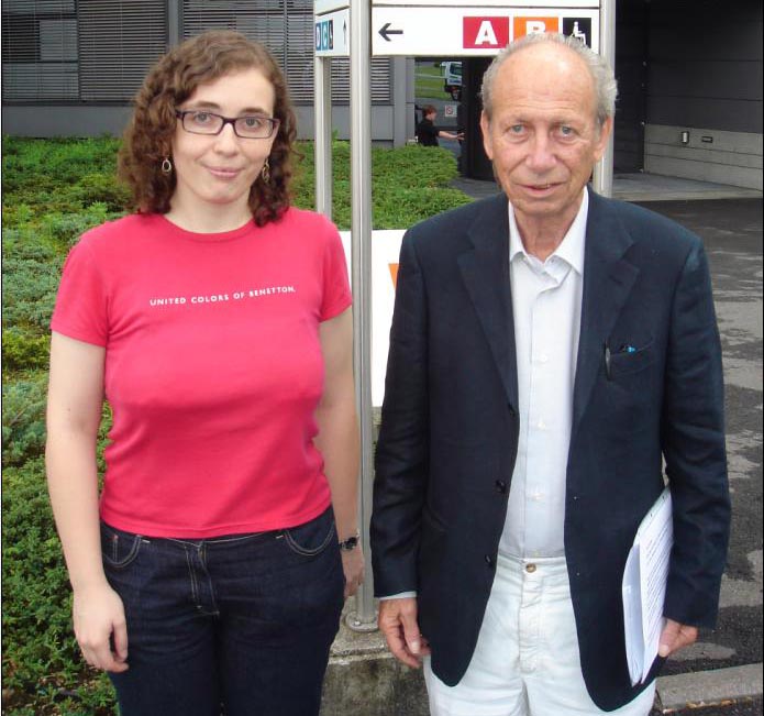 Chiara Rovelli and Lorenzo Foà outside building 40 at CERN. Chiara Rovelli and Lorenzo Foà outside building 40 at CERN.