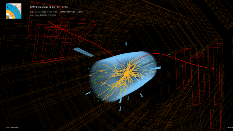 Image 1: A candidate B<sub>s</sub> → μμ event recorded in the CMS detector in 2012, produced in proton-proton collisions at 8 TeV. (Ultra-high-resolution image below, Image 5.) Alt