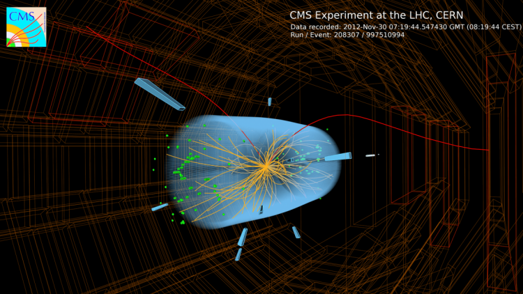 Image 5: Ultra-high-resolution image of a candidate B<sub>s</sub> → μμ event recorded in the CMS detector in 2012, produced in proton-proton collisions at 8 TeV. Alt