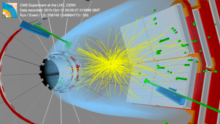 <a href="https://cds.cern.ch/record/2114780?ln=en">Image 4</a>: This image shows a collision event with the largest-mass jet pair fulfilling all analysis requirements observed so far by the CMS detector in collision data collected in 2015. The mass of the di-jet system is 6.14 TeV. (Image: Thomas McCauley / Tai Sakuma) Alt
