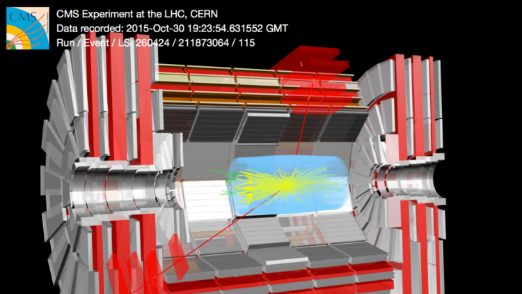 <a href="https://cds.cern.ch/record/2114775?ln=en">Image 5</a>: This image shows a collision event with the largest-mass muon pair so far observed by the CMS detector in proton-collision data collected in 2015. The mass of the di-muon system is 2.4 TeV. (Image: Thomas McCauley / Tai Sakuma) Alt
