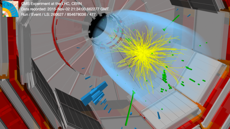 <a href="https://cds.cern.ch/record/2114779?ln=en">Image 6</a>: This image shows a collision event with a photon pair observed by the CMS detector in proton-collision data collected in 2015. The mass of the di-photon system is 750 GeV. The candidates are consistent with the expectations that they are prompt isolated photons. (Image: Thomas McCauley / Tai Sakuma) Alt