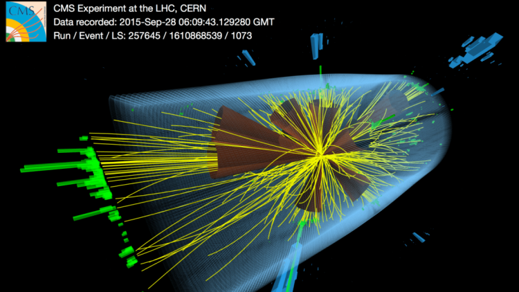 <a href="https://cds.cern.ch/record/2114784?ln=en">Image 3</a>: This image shows a multi-jet collision event observed by the CMS detector in the search for microscopic black holes, in collision data recorded in 2015. The event contains 12 jets with transverse momenta greater than 50 GeV each, and the mass of this system is 6.4 TeV. (Image: Thomas McCauley) Alt