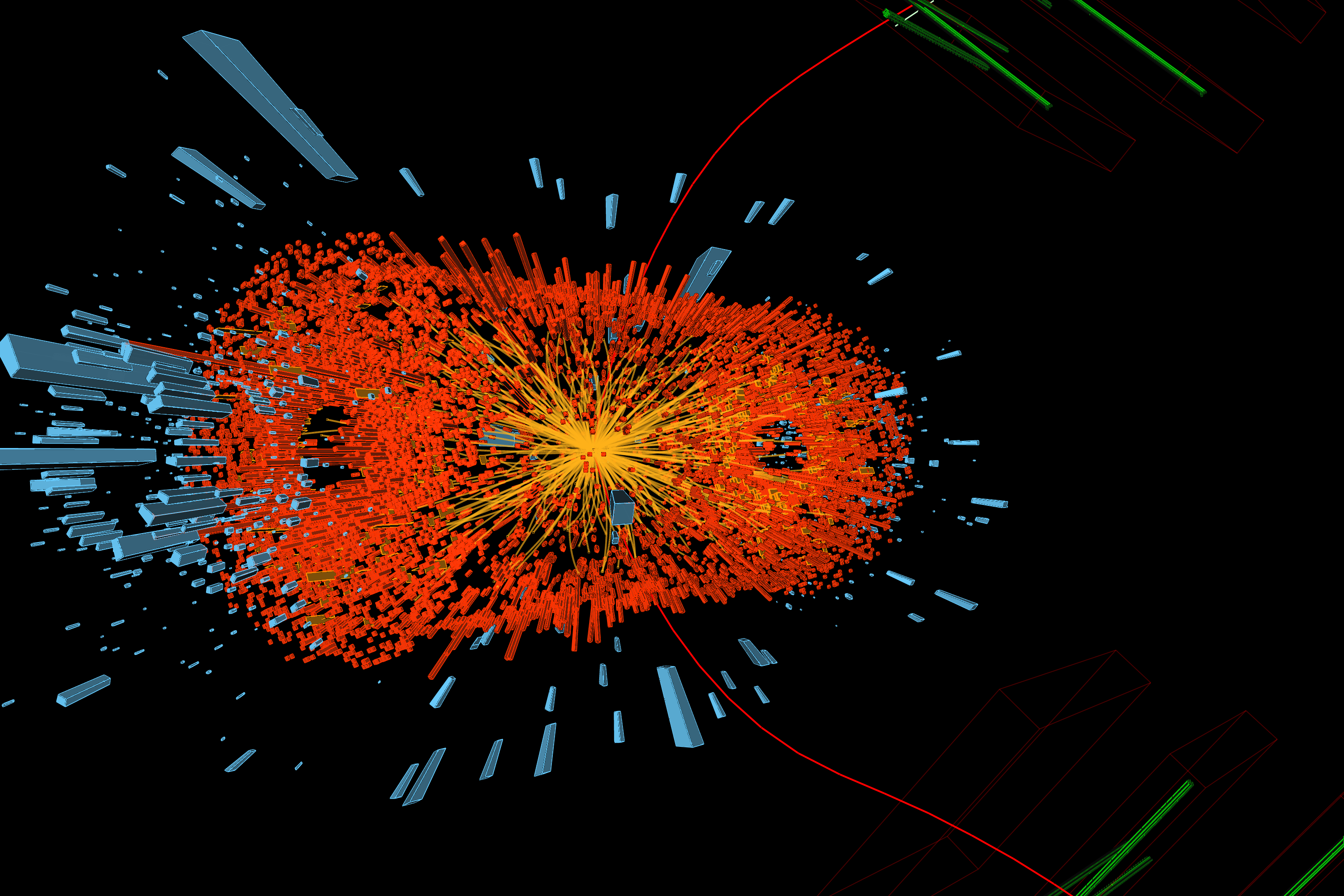 Candidate &Upsilon; decay to two muons observed in a lead-lead collision at the LHC. The two red lines (tracks) are the two muons, the mass of orange lines are tracks from other particles produced in the collision, whose energy is measured in the electromagnetic calorimeter (red cuboids) and the hadron calorimeter (blue cuboids).