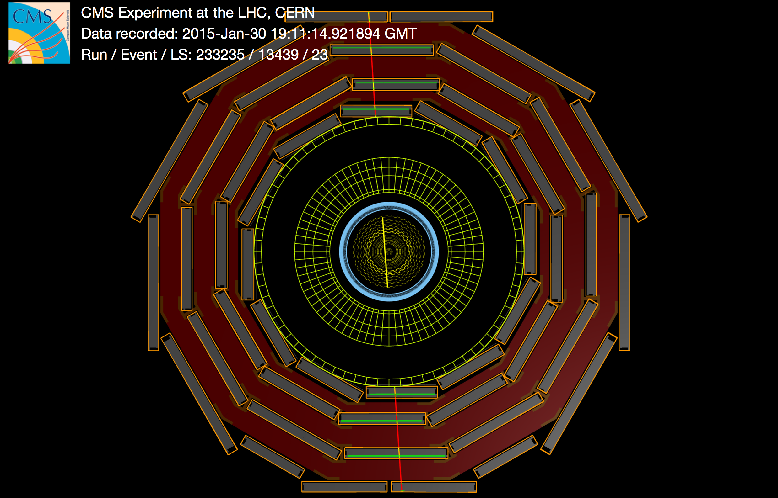 Before proton collisions take place again at the LHC, the CMS detector has been looking at the result of collisions of cosmic particles high up in the atmosphere. This event display shows the track of a muon that reached the CMS detector 100 m underground and passed through the muon chambers (in red) and the silicon tracker (in yellow). Muons as this one are used to calibrate the detector in advance of proton collisions.