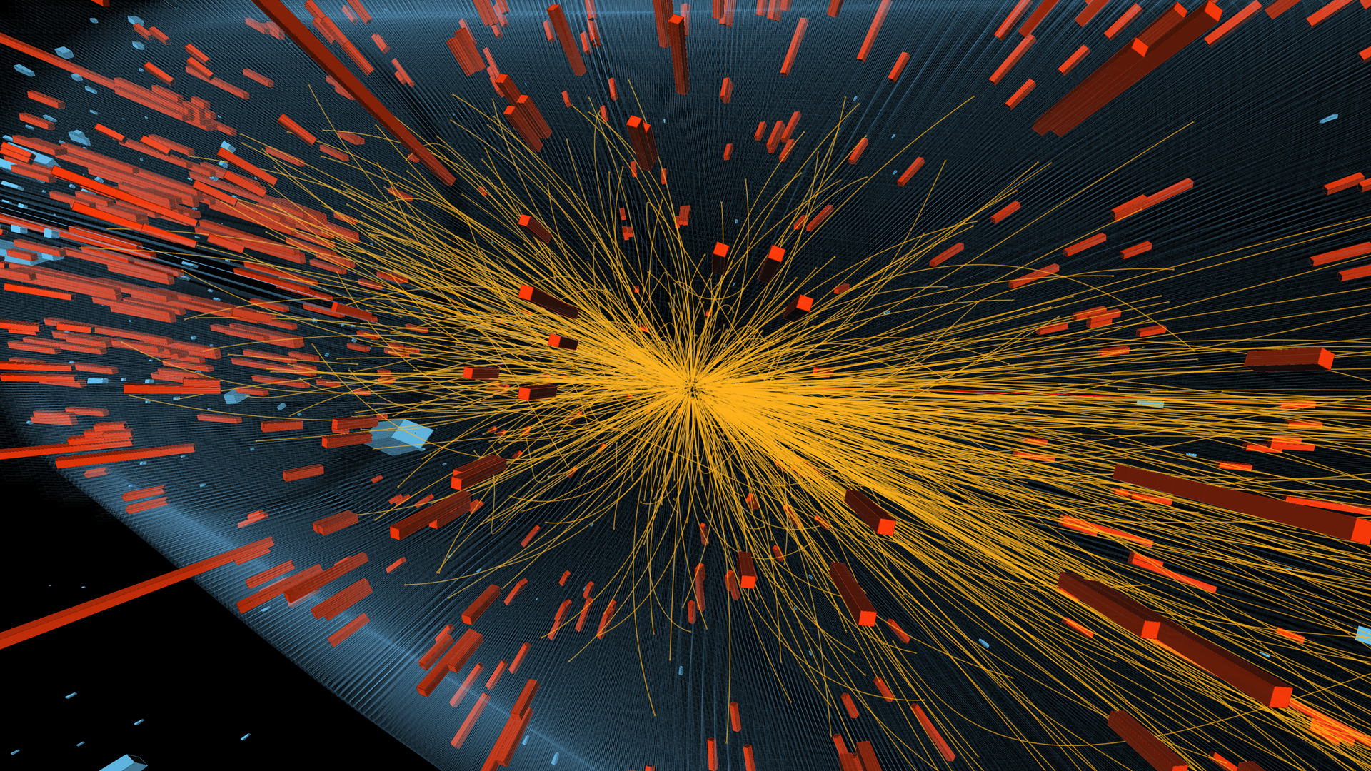 Image 1: Event display for a high-multiplicity pPb collision at 5.02 TeV with about 420 tracks produced, recorded by CMS in 2013.