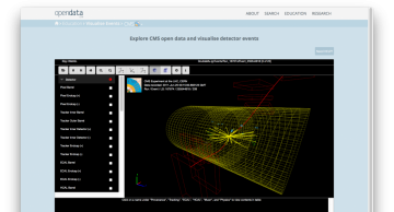 A CMS collision event as seen in the built-in event display on the CERN Open Data Portal