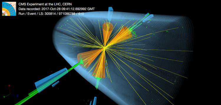 Three-dimensional display of the event with the second highest dijet invariant mass at 8 TeV. The display shows the energy deposited in the electromagnetic (green) and hadronic (blue) calorimeters and the reconstructed tracks of charged particles (yellow). Three-dimensional display of the event with the second highest dijet invariant mass at 8 TeV. The display shows the energy deposited in the electromagnetic (green) and hadronic (blue) calorimeters and the reconstructed tracks of charged particles (yellow).