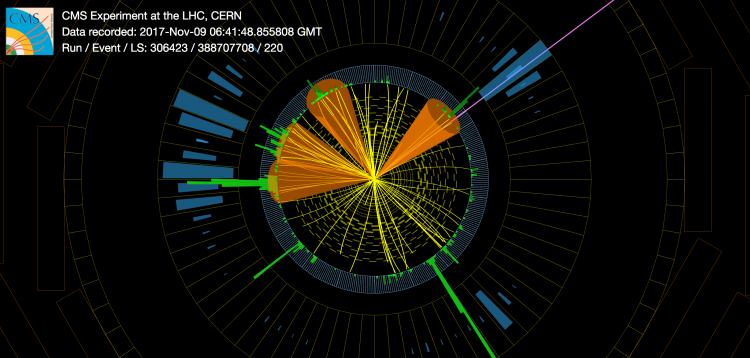 A display of a collision recorded by the CMS experiment in 2017 which shows a signature compatible with that expected for a signal event in this analysis. The purple line represents the direction of the missing energy and the high green tower on the bottom-right of the view is the photon in the event. The photon arrived at the ECAL 1.91 ns after the proton-proton collision in the LHC occurred. A display of a collision recorded by the CMS experiment in 2017 which shows a signature compatible with that expected for a signal event in this analysis. The purple line represents the direction of the missing energy and the high green tower on the bottom-right of the view is the photon in the event. The photon arrived at the ECAL 1.91 ns after the proton-proton collision in the LHC occurred.