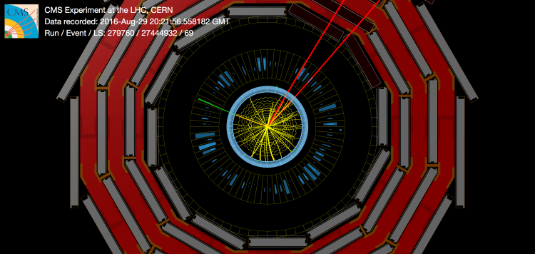 An event featuring a muon-antimuon pair (red), a photon (green), and large missing transverse momentum. The invariant mass of the muon-antimuon system is close to the known mass of the Z boson. It is however impossible to tell exactly which process gave rise to the photon and the missing momentum. An event featuring a muon-antimuon pair (red), a photon (green), and large missing transverse momentum. The invariant mass of the muon-antimuon system is close to the known mass of the Z boson. It is however impossible to tell exactly which process gave rise to the photon and the missing momentum.