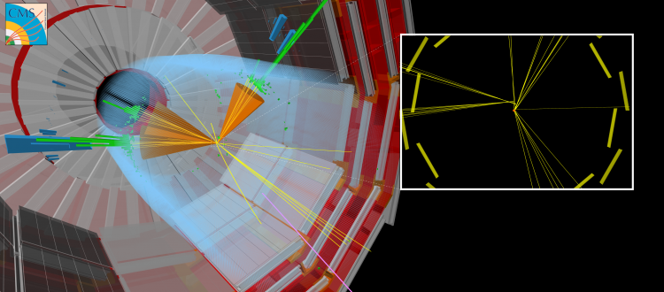 A simulated CMS collision where a long-lived particle is produced together with other 'regular' jets. The long-lived particle travels for a short distance before it decays, creating particles that appear displaced from the point where the LHC beams collided. A simulated CMS collision where a long-lived particle is produced together with other 'regular' jets. The long-lived particle travels for a short distance before it decays, creating particles that appear displaced from the point where the LHC beams collided.