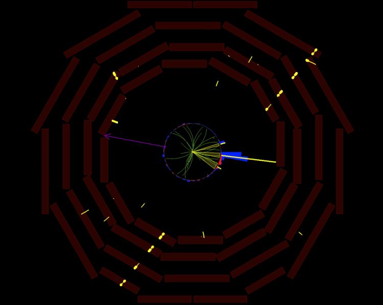 A cosmic ray muon data traverses diagonally through the CMS detector, as seen in CMS data. The muon was produced somewhere above the experiment, in the atmosphere, and then travels through the rock above and finally, the experiment, leaving a line of (yellow dot) deposits that do not come from the central collision point like the other particles