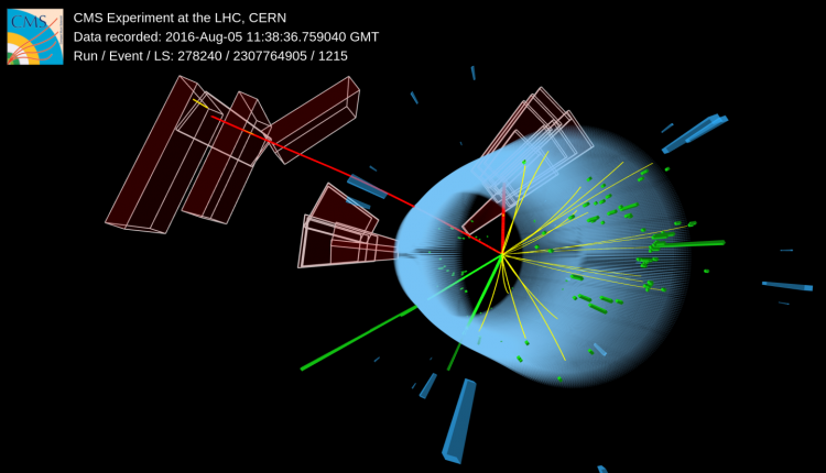 An event in which a candidate Higgs boson produced in association with a Z boson decays into a pair of muons, indicated by the red lines. The Z boson decays into an electron-positron pair, indicated by the green lines.