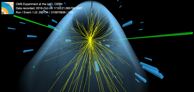 Event in which a candidate SM Higgs boson decays into two photons indicated by the green towers representing energy deposited in the electromagnetic calorimeter.