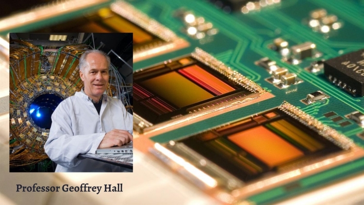 Professor Geoffrey Hall in front of CMS tracker. Credit: S. Boreham, STFC Image background, APV25 chips of CMS Tracker. Credit: M. Brice, CERN