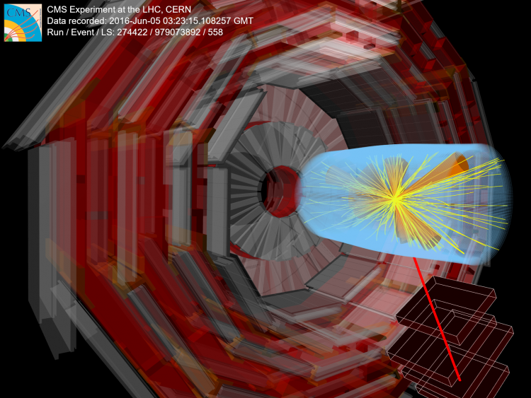 An event recorded during 2016 with the CMS detector that contains 10 jets (orange cones) and a muon (red line).