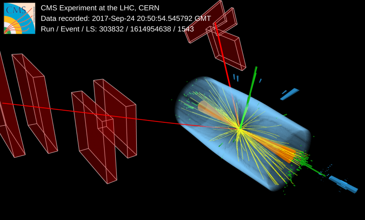 Candidate event in which a W and a Z boson are produced in association with two forward jets. An electron from the decay of the W is represented by the green line (its trajectory) and the green boxes (representing its energy deposit in the electromagnetic calorimeter). The Z decays into two muons, represented by the red lines and the red boxes (representing the muon chambers). The two jets are represented by the orange cones.