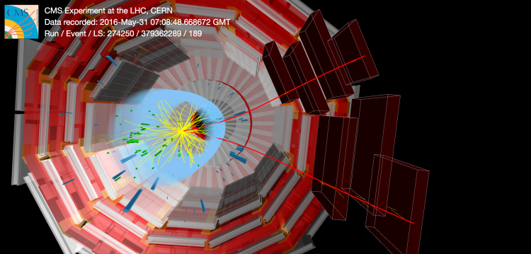 An event display of a Bs ⟶ μ+μ- candidate in Run 2 data. The two curved red lines correspond to the two muons from the decay. More event displays: https://cds.cern.ch/record/2684932 An event display of a Bs ⟶ μ+μ- candidate in Run 2 data. The two curved red lines correspond to the two muons from the decay.