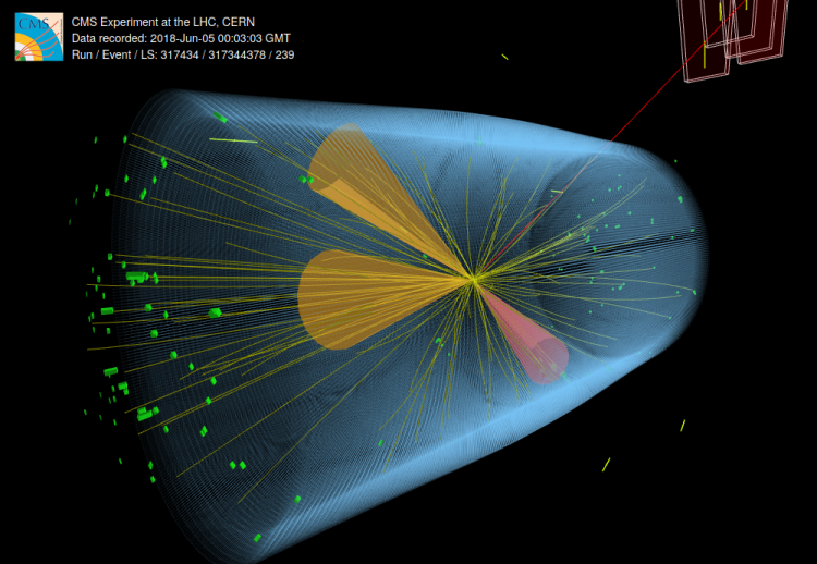 A display of an event with two b-quark jets (orange cones to the top) and two tau lepton decays, one decaying into a muon (red line) and the other decaying into pions (pink cone).
