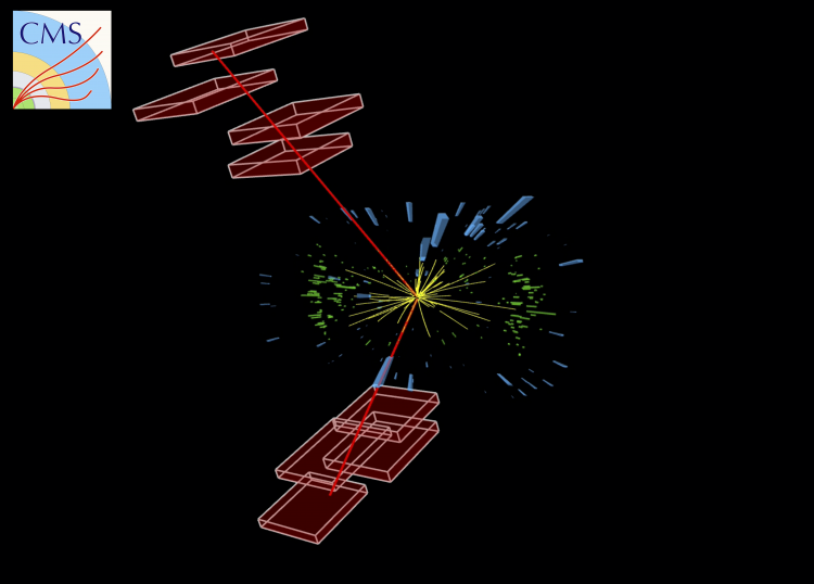Figure 1: A collision that contains two high energy muons (red lines) recorded by the CMS experiment in 2016.