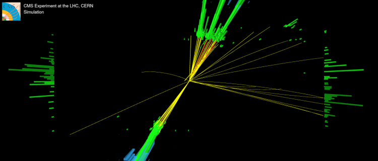 Event display with a CMS event with one jet tagged as a W boson and one as a top quark
