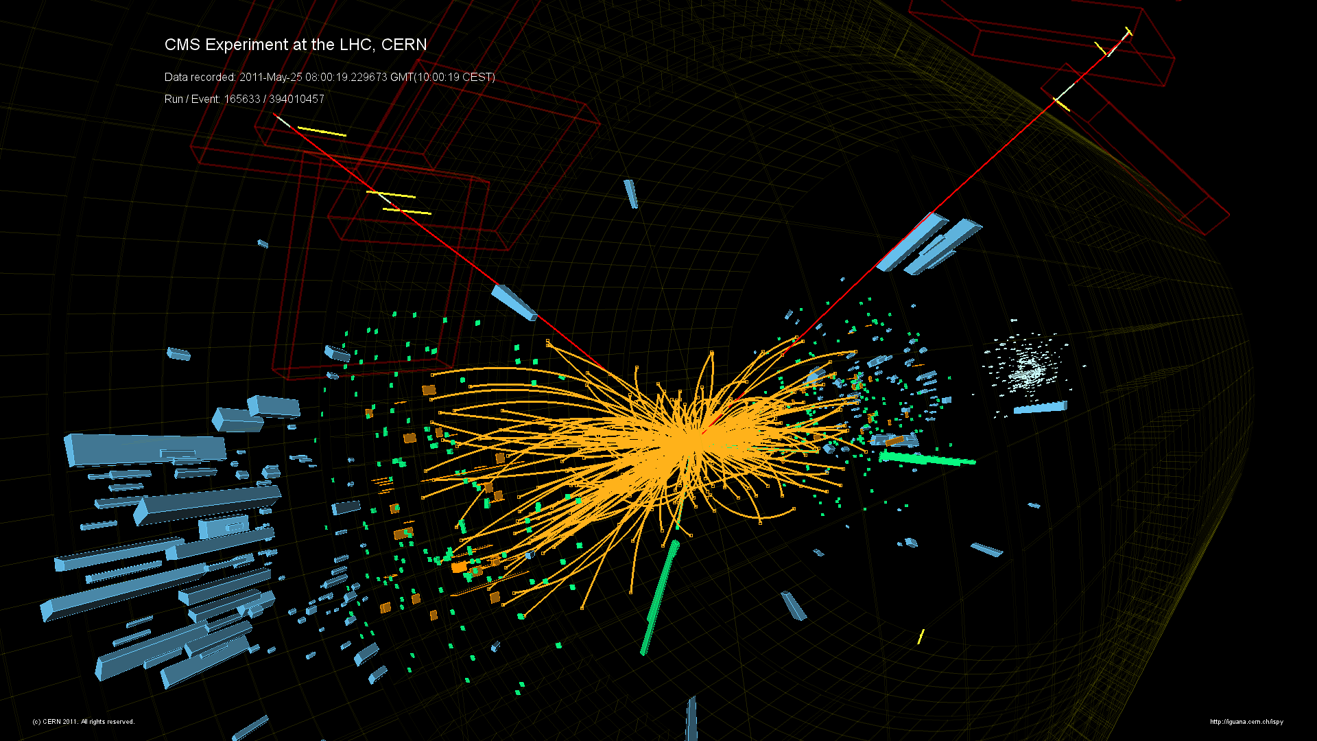 Fig 1. Event display of a candidate ZZ event (one Z decays to two electrons (green), one to two muons (red lines)