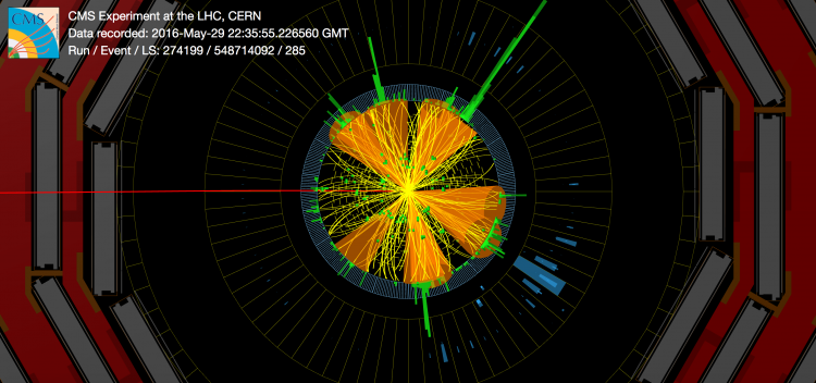 Event display of a candidate tttt event with one of the top quark candidates producing a jet originating from a b quark (b jet), a muon and a neutrino (that the CMS experiment cannot directly detect). The additional jets could come from the other three top quarks. Event display of a candidate tttt event with one of the top quark candidates producing a jet originating from a b quark (b jet), a muon and a neutrino (that the CMS experiment cannot directly detect). The additional jets could come from the other three top quarks.