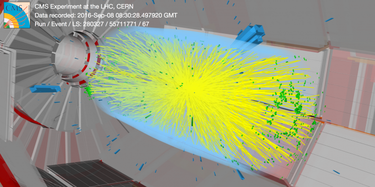 A three-dimensional display of a collision of two bunches of protons producing hundreds of particles from 86 identified interaction vertices, recorded by the CMS detector in 2016.