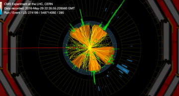 Event display of a candidate tttt event with one of the top quark candidates producing a jet originating from a b quark (b jet), a muon and a neutrino (that the CMS experiment cannot directly detect). The additional jets could come from the other three top quarks. Alt