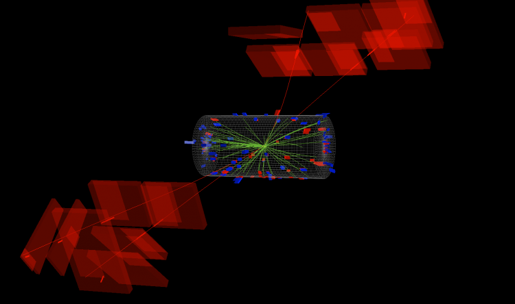 Event display of a simulated H->YY decay with the Higgs boson produced in proton-proton collisions at a center-of-mass energy of 13 TeV. The red lines correspond to the muons of the two Y->μ+μ- decays, while the green lines show other charged particles reconstructed with the inner trackers of CMS.