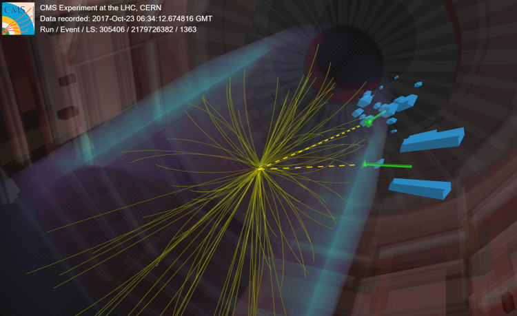 A CMS candidate event of a Higgs boson decaying to two photons.