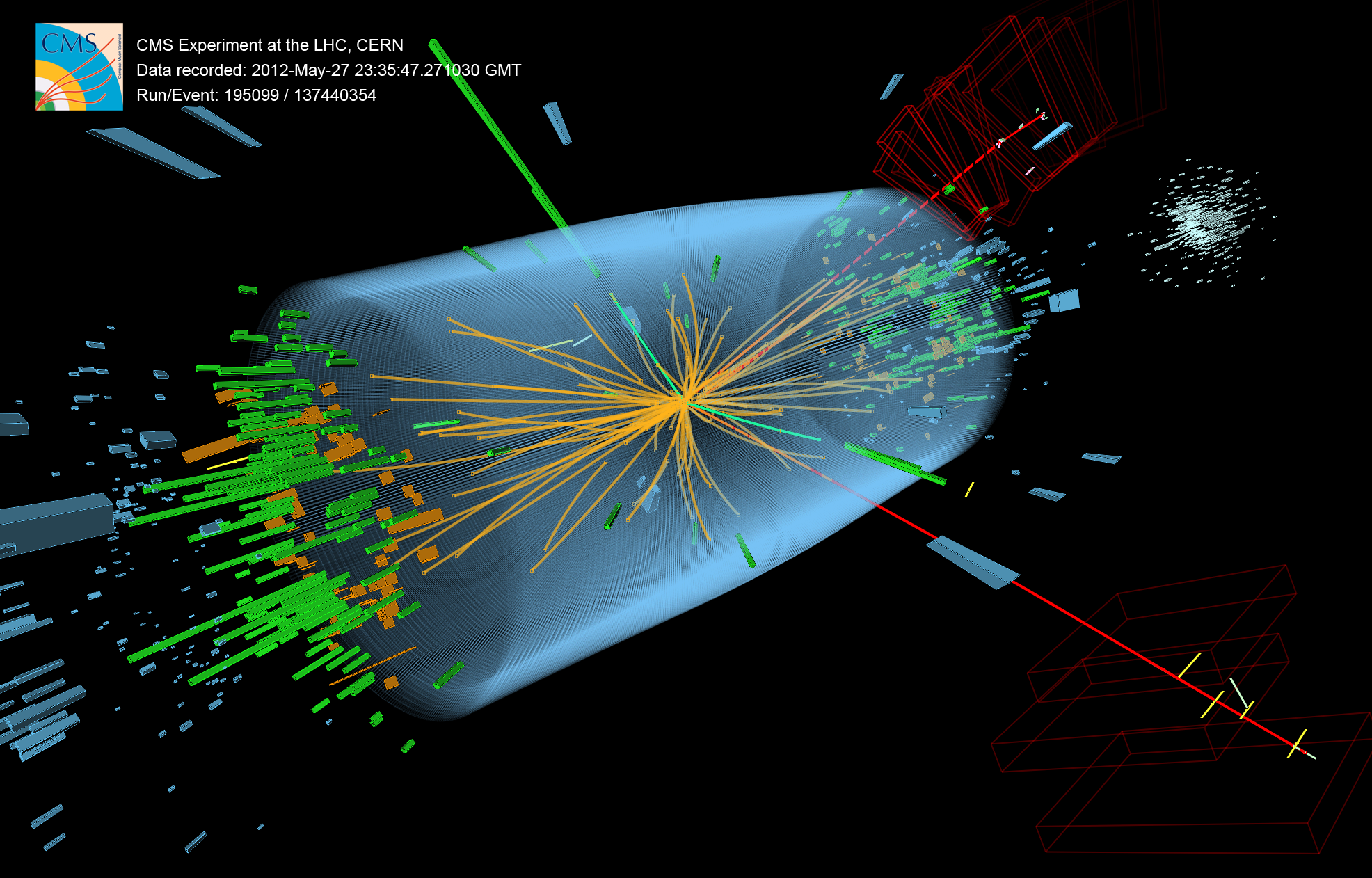 HIG-13-002 Event 1: Event recorded with the CMS detector in 2012 at a proton-proton centre-of-mass energy of 8&nbsp;TeV. The event shows characteristics expected from the decay of the SM Higgs boson to a pair of Z bosons, one of which subsequently decays to a pair of electrons (green lines and green towers) and the other Z decays to a pair of muons (red lines). The event could also be due to known Standard Model background processes.