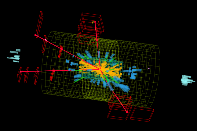 A visualisation of public CMS Level-2 data, here showing a proton-proton collision that may have produced a Higgs boson
