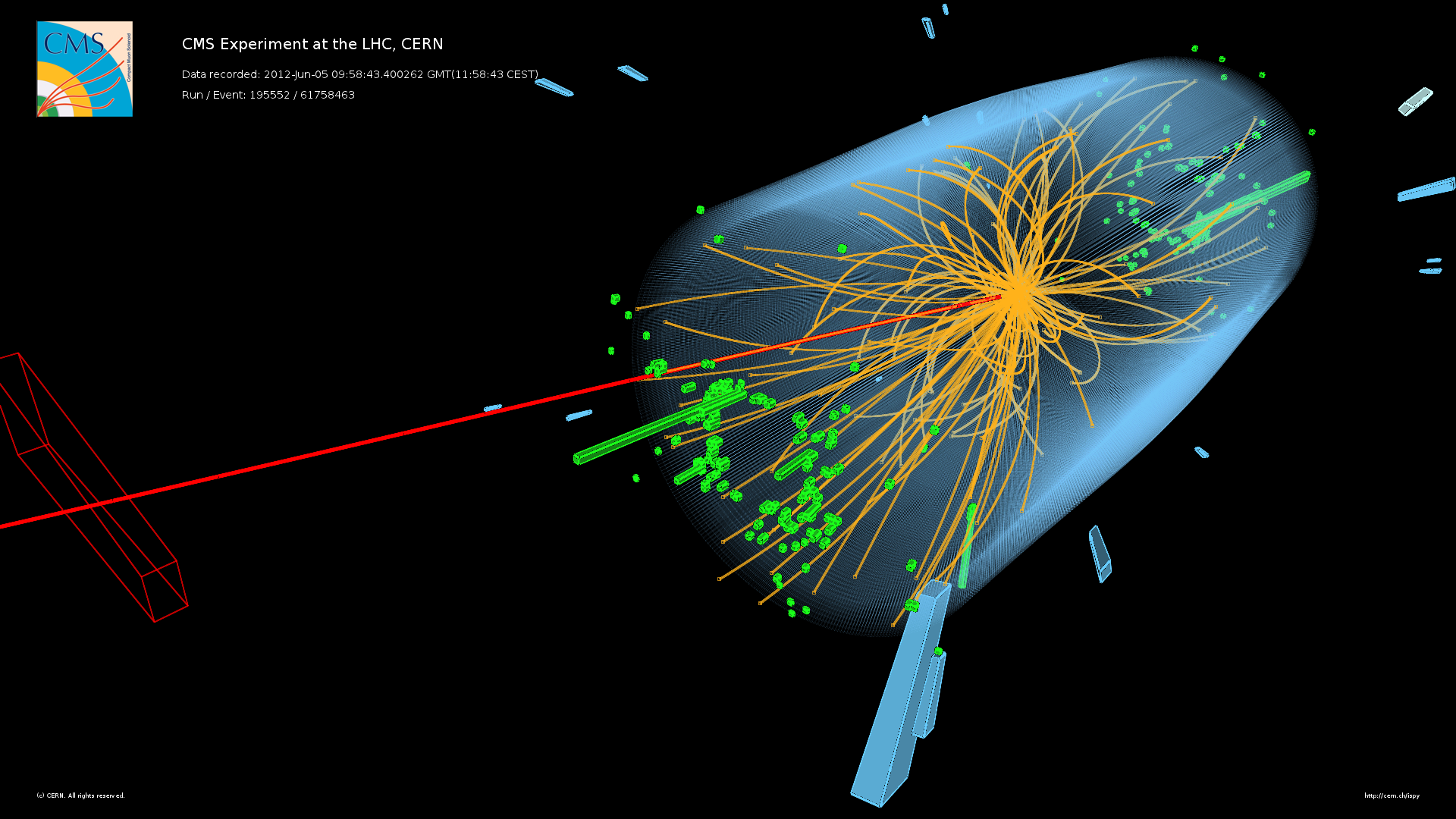 Event recorded by CMS in 2012 at a proton-proton centre-of-mass energy of 8 TeV. It shows characteristics expected from the decay of the SM Higgs boson to a pair of τ leptons. Such an event is characterised by the production of two forward-going particle jets (green towers), seen here in opposite endcaps. One of the τs decays to a muon (red lines) and neutrinos, while the other τ decays into a charged hadron (blue towers) and a neutrino. <a href="https://cds.cern.ch/record/1633370">Download</a>.