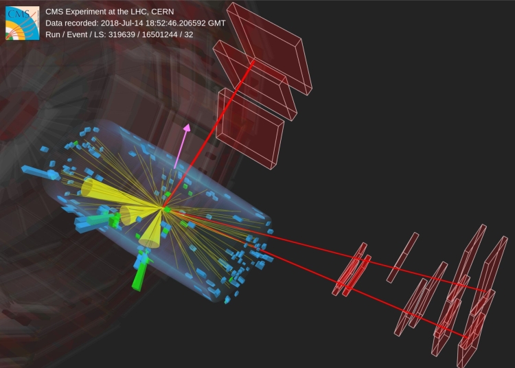 Display of a candidate event recorded by the CMS detector.
