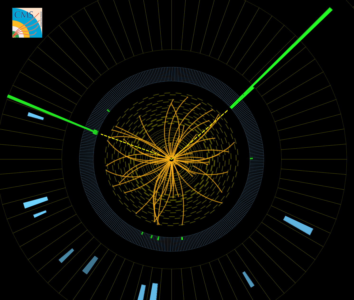 Event recorded with the CMS detector in 2012 at a proton-proton centre of mass energy of 8 TeV. The event shows characteristics expected from the decay of the SM Higgs boson to a pair of photons (dashed yellow lines and green towers). The event could also be due to known standard model background processes.