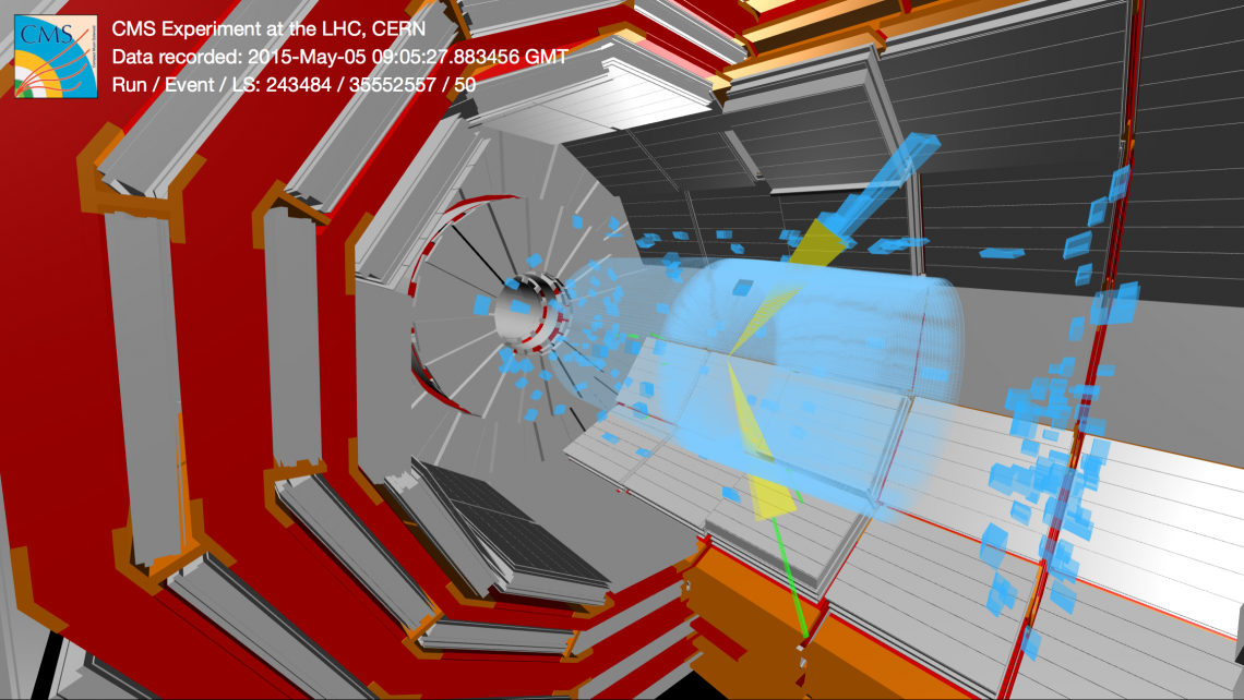This di-jet event produced from proton-proton collisions was detected in the CMS detector. The green bars represent the energy deposited in the electromagnetic calorimeter and the blue ones represent the energy in the hadron calorimeter. The total energy is approximately 30 GeV in each jet. Click on image for high-resolution version. (Image: Tom McCauley / Tai Sakuma)
