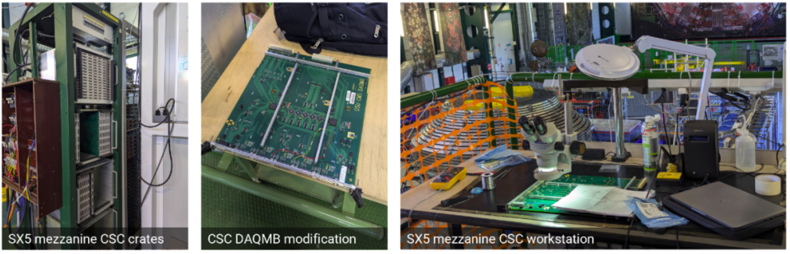 Work on the CMS cathode strip chamber system at the SX5 mezzanine, including the electronics crates, modification of a DAQ motherboard and the dedicated intervention workstation.