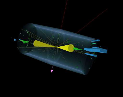 A signal-like event in data recorded by CMS experiment, containing two muons of the same electric charge (red lines) produced in vector boson fusion process indicated by a pair of well-separated jets (yellow cones) lying at low angles wrt the beam axis. Further, there is only a small amount of net missing energy in the event along transverse direction (magenta line).