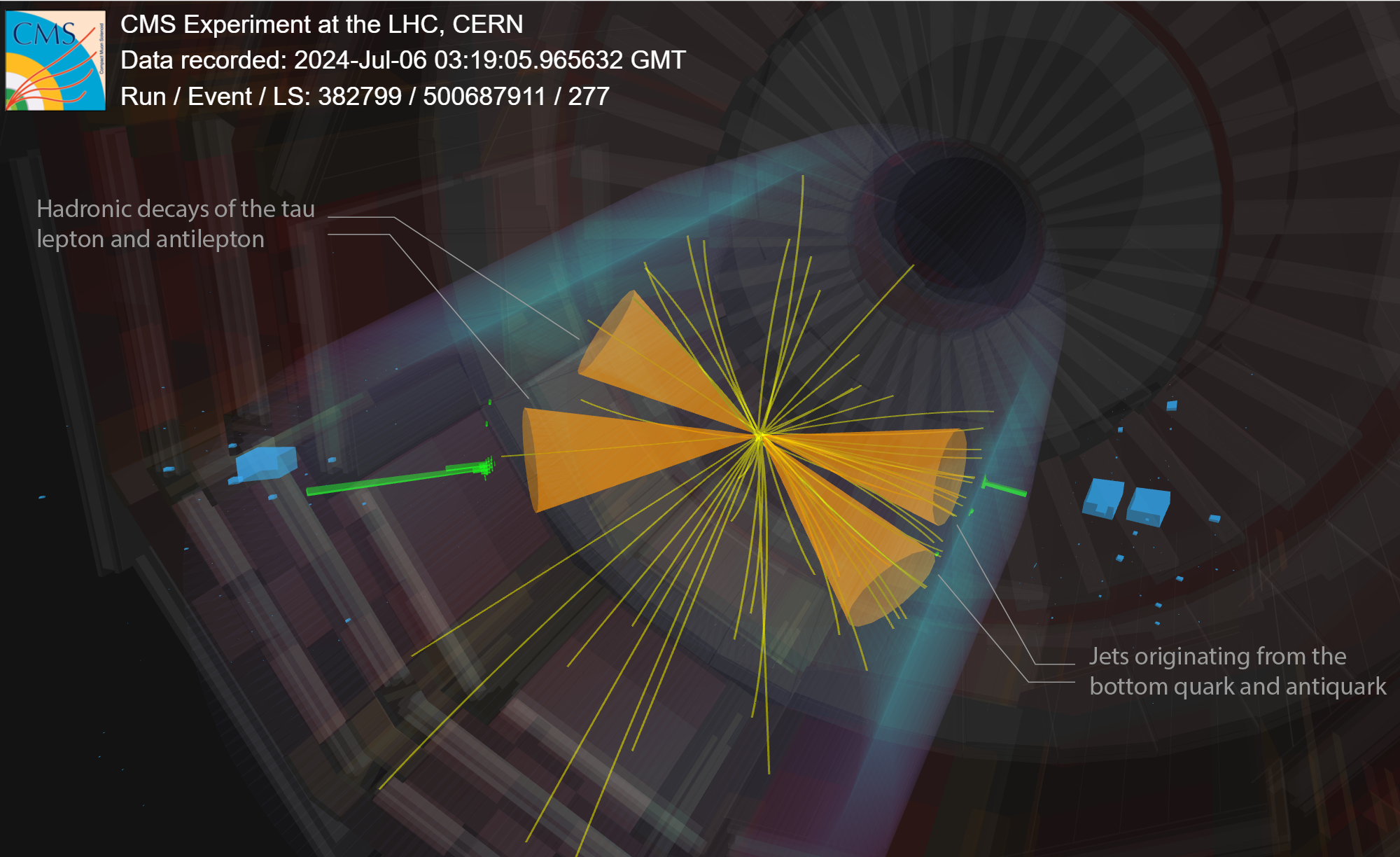 Display of a candidate event recorded by the CMS experiment.