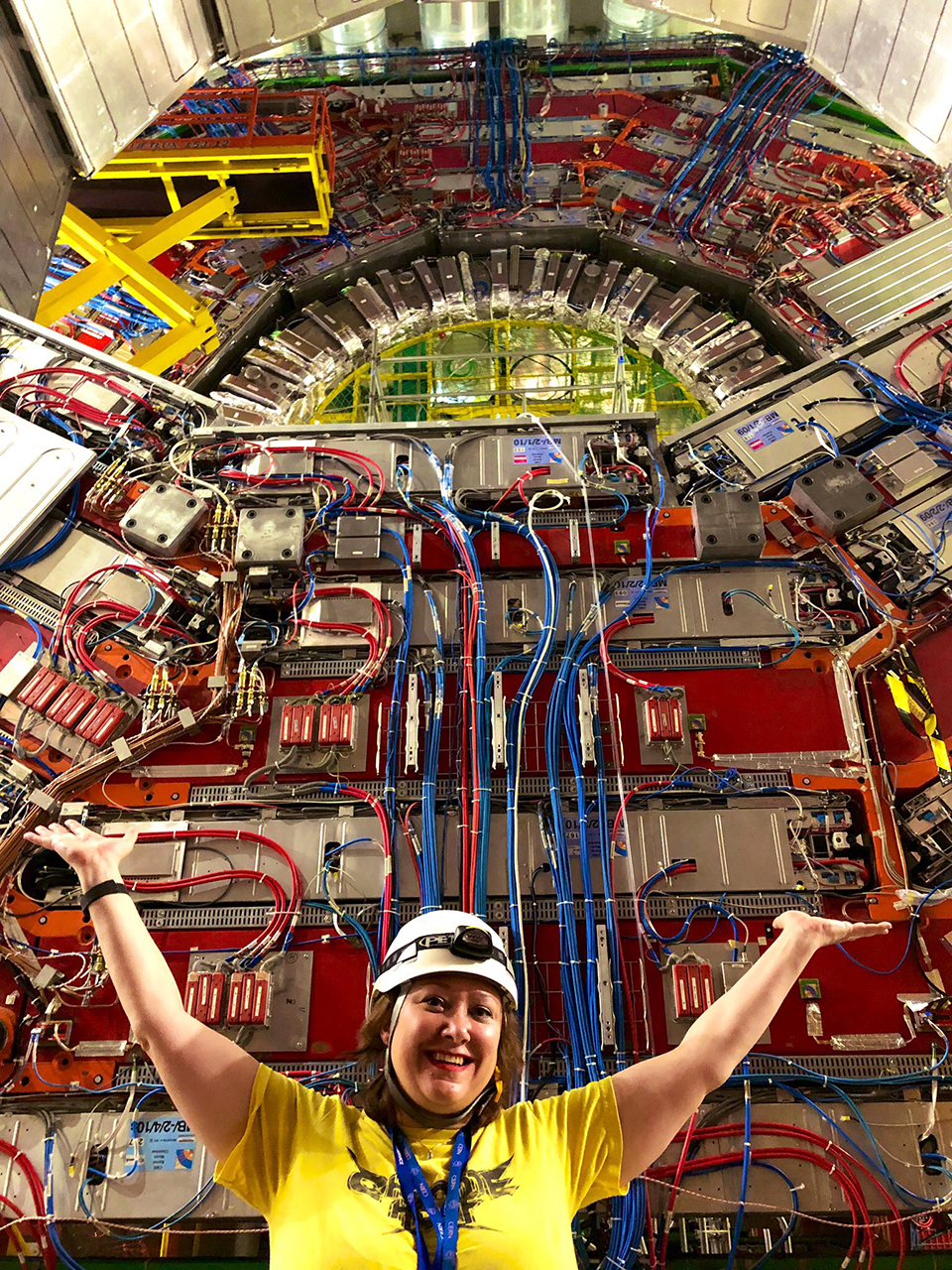 Freya Blekman in front of the CMS detector