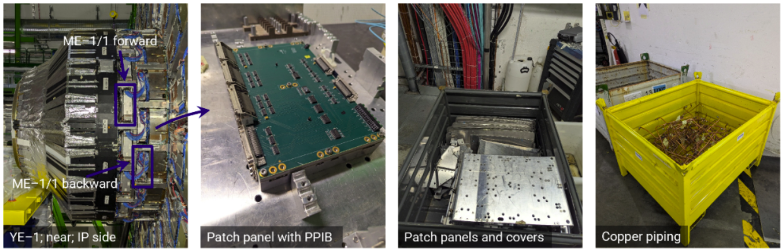 Examples of decommissioning work around the CMS endcap: the locations of the ME1/1 chambers, a removed patch panel and its interface board, recovered covers, and copper piping collected for disposal or recycling. 