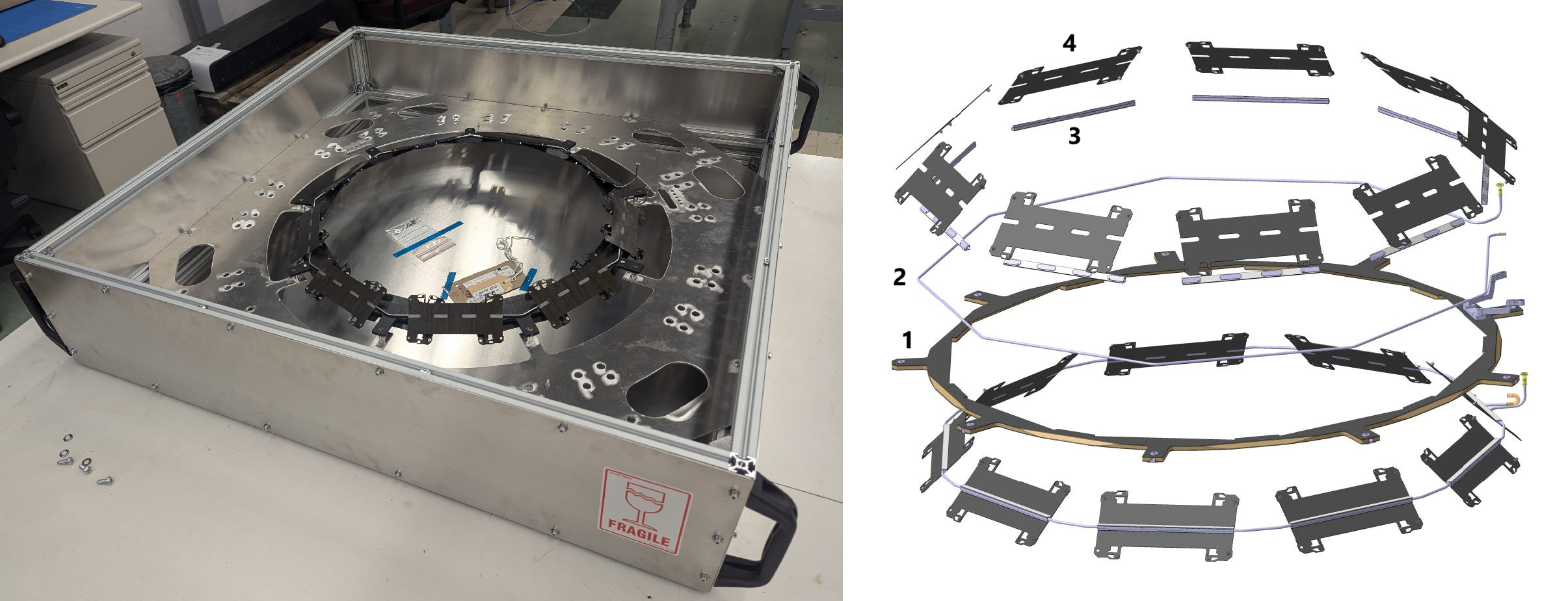 Ring carrier box to transport Rings to INFN Pisa and back to CERN. Right: Exploded view of the 4 main components of a Tilted TBPS Ring assembly.