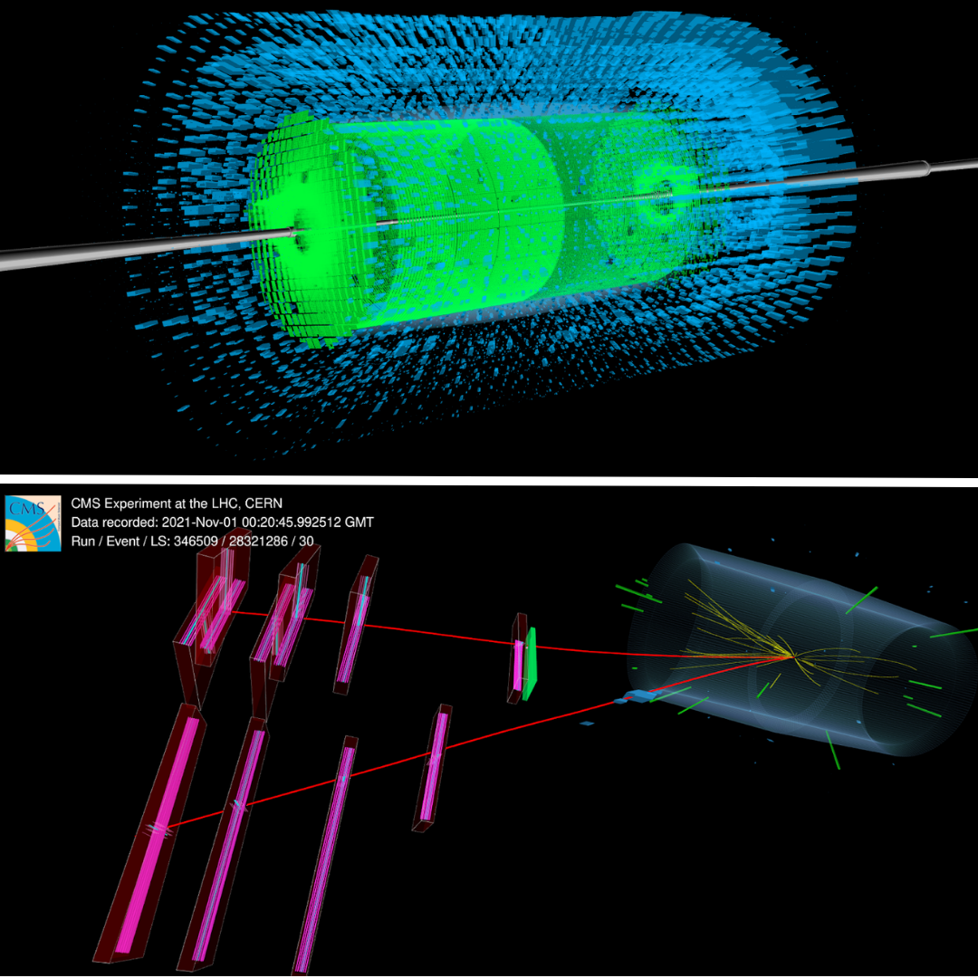 Top: A splash event recorded by CMS. Particles signal detected by ECAL (green) and HCAL (blue)   Bottom: Test beam collision events seen recorded by the CMS detector. Red lines are tracks of muons. It is interesting to note a signal in the new GE1/1 is seen (in green, just next to the first signal in the CSCs, in red).
