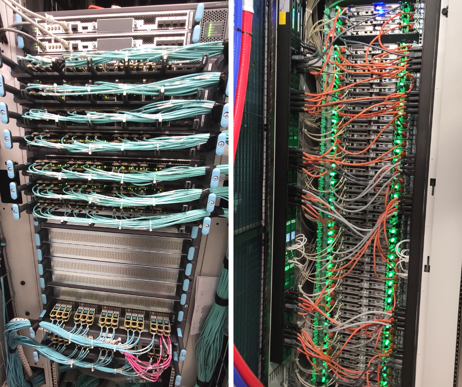 Right: A network switch cabinet connecting all servers with the DAQ event builder  Left: A rack full of HLT servers - Credits: Attila Racz