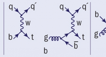  Three different production channels for single top quarks can be distinguished: the s-channel (a), the t-channel (b) and the W-associated channel (c)