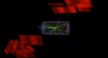 Event display of a simulated H->YY decay with the Higgs boson produced in proton-proton collisions at a center-of-mass energy of 13 TeV. The red lines correspond to the muons of the two Y->μ+μ- decays, while the green lines show other charged particles reconstructed with the inner trackers of CMS.