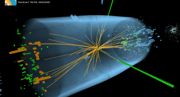 HIG-13-001 Event 1: Event recorded with the CMS detector in 2012 at a proton-proton centre-of-mass energy of 8&nbsp;TeV. The event shows characteristics expected from the decay of the SM Higgs boson to a pair of photons (dashed yellow lines and green towers). The event could also be due to known Standard Model background processes.