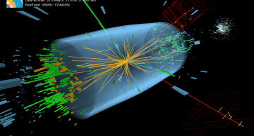 HIG-13-002 Event 1: Event recorded with the CMS detector in 2012 at a proton-proton centre-of-mass energy of 8&nbsp;TeV. The event shows characteristics expected from the decay of the SM Higgs boson to a pair of Z bosons, one of which subsequently decays to a pair of electrons (green lines and green towers) and the other Z decays to a pair of muons (red lines). The event could also be due to known Standard Model background processes.