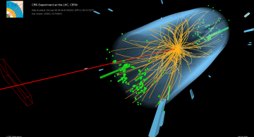 Event recorded by CMS in 2012 at a proton-proton centre-of-mass energy of 8 TeV. It shows characteristics expected from the decay of the SM Higgs boson to a pair of τ leptons. Such an event is characterised by the production of two forward-going particle jets (green towers), seen here in opposite endcaps. One of the τs decays to a muon (red lines) and neutrinos, while the other τ decays into a charged hadron (blue towers) and a neutrino. <a href="https://cds.cern.ch/record/1633370">Download</a>.